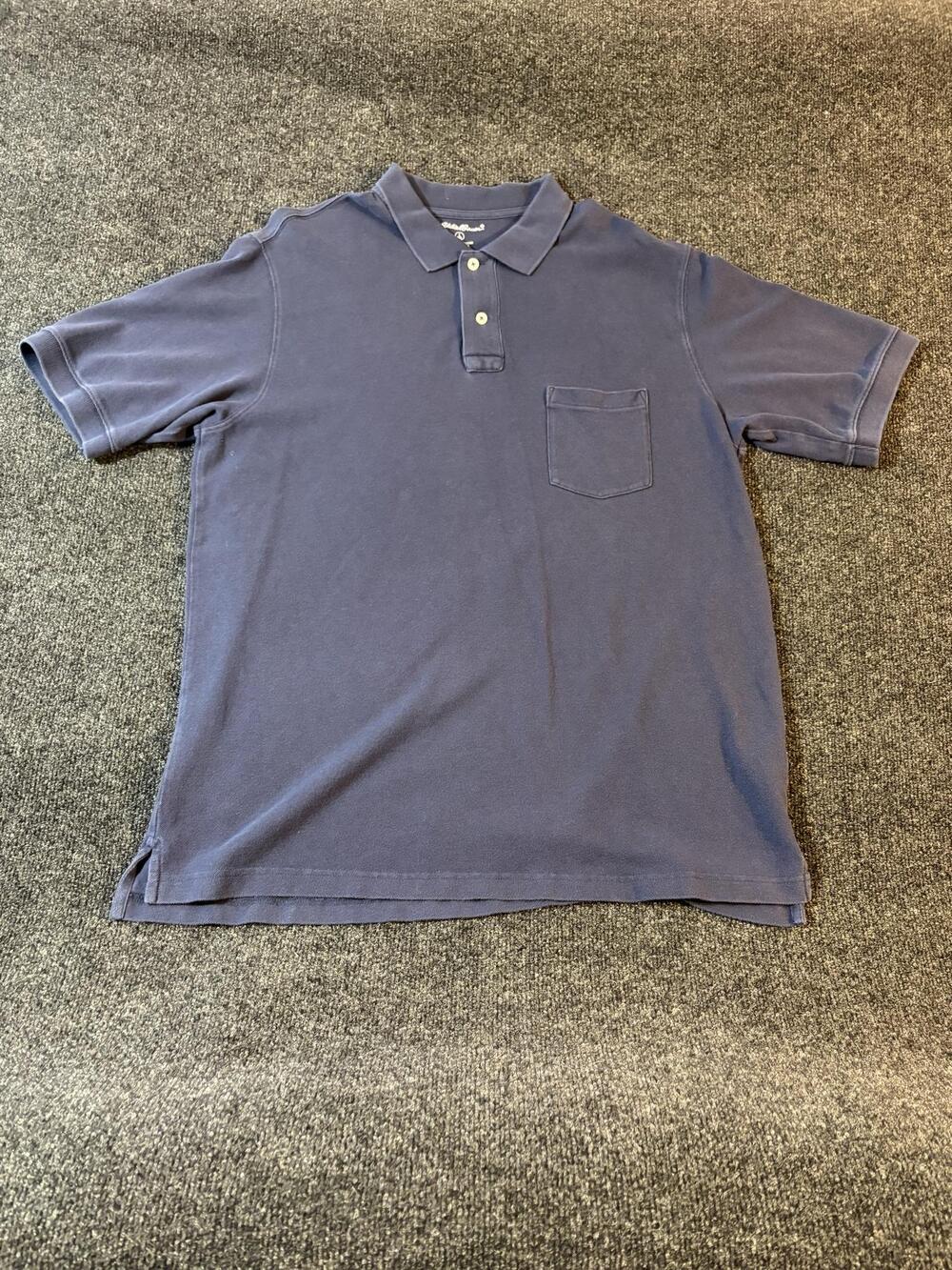 Eddie Bauer Polo Shirt Mens LT Tall Blue 100% Cotton Chest Pocket Short Sleeve